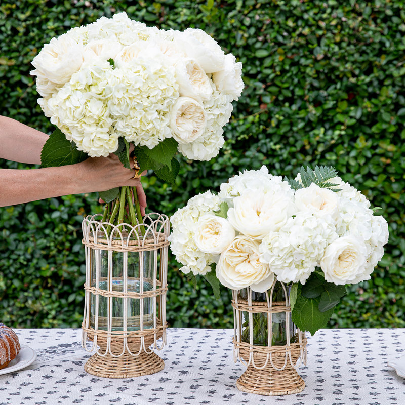 Beige Ceramic Coastal Candle Holder with Rattan Accent