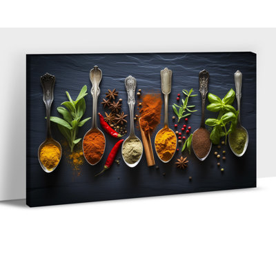 Kitchen Canvas Wall Art Vintage Spices Herbs Spoons Canvas Prints Food Poster Kitchen Pictures Painting Wall Artwork Framed Decor for Dining Room Home Restaurant, 12×16 Inches