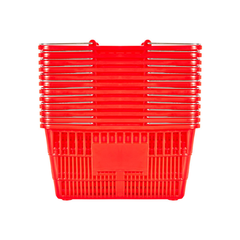 Shopping Baskets, 21L Stackable PE Plastic Grocery Baskets with Metal Handles, Dense Mesh Structure, Holds up to 20 lbs, Portable for Grocery, Retail, Stores, Supermarket, Home Use, Red