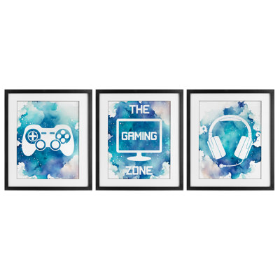 Blue Gamer Splatters 3pc Framed Print Under Glass Set, design by Marcus Prime