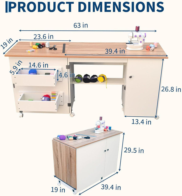 Table de couture pliante avec tablettes de rangement, plateaux et verrous magnétiques, bureau de machine à coudre avec roues verrouillables, poste de travail artisanal