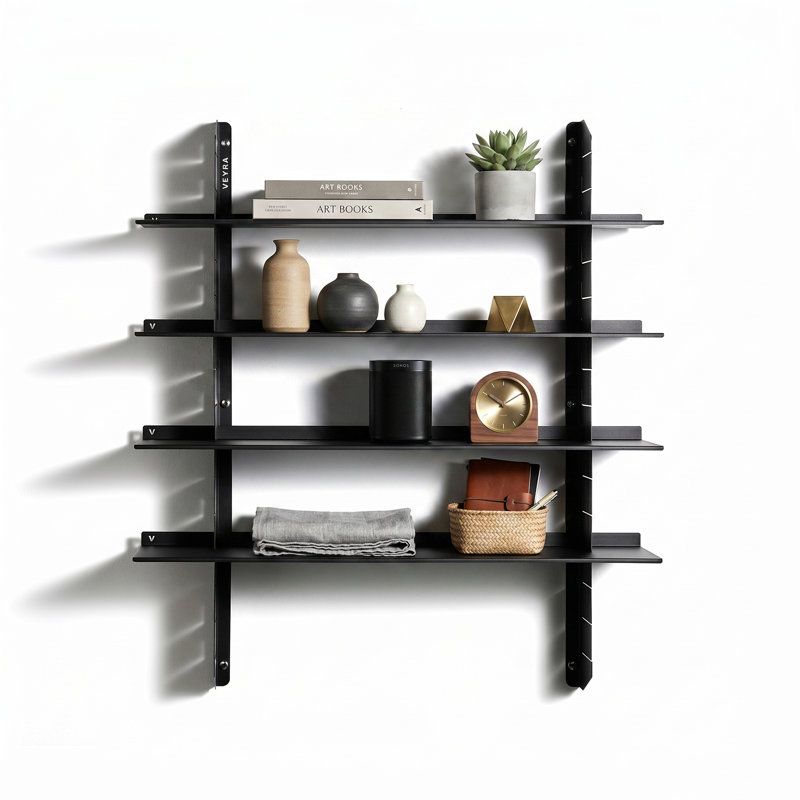  Adjustable Metal Floating Shelf Unit, Designer Industrial Wall Mounted Display Rack, Black, 4 Shelves