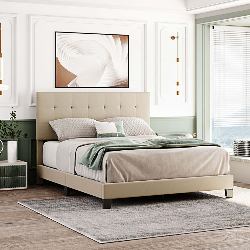 Grand lit plateforme tapissier capitonné, Beige