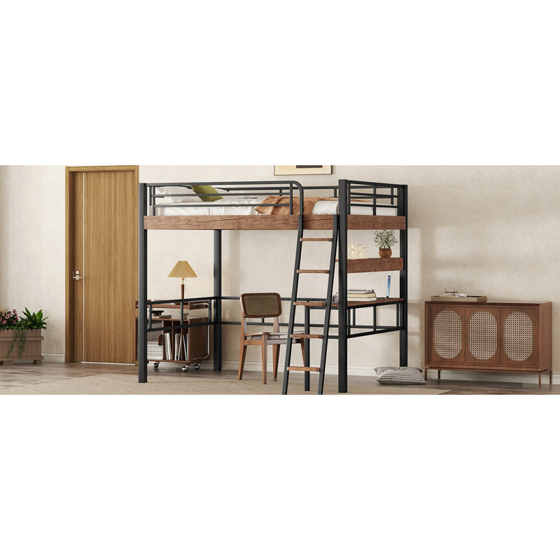 Lit mezzanine double en métal noir avec rangement intégré et bureau - Structure solide attachée, sécurisée