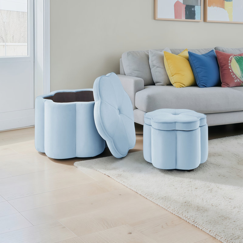 Ensemble de 2 repose-pieds de rangement en velours en forme de fleur, petits et grands, Verre de mer