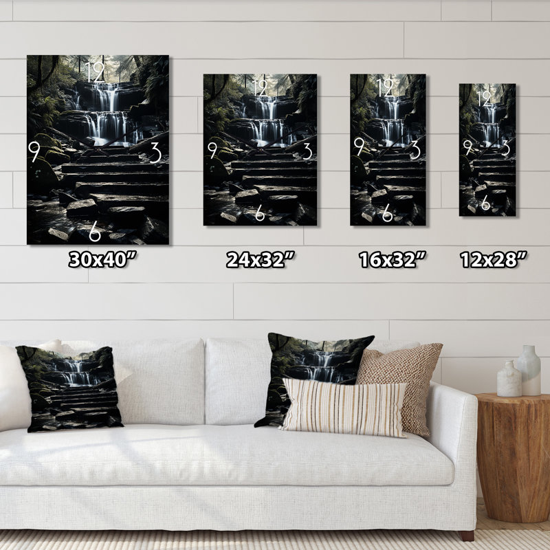 Grey Waterfall Cascading Reflections - Landscapes Wall Clock Oversized, Medium