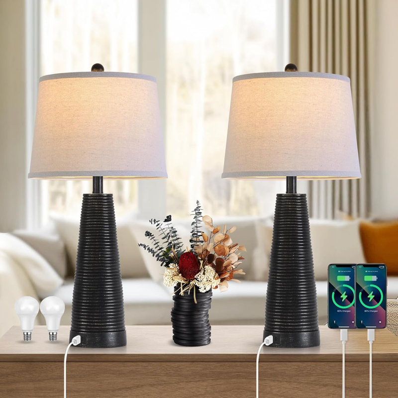 Ensemble de 2 lampes de chevet rustiques avec éclairage à 3 voies à intensité variable, ports de charge USB A + C, abat-jour en lin pour salon, chambre à coucher, bureau Farmhouse