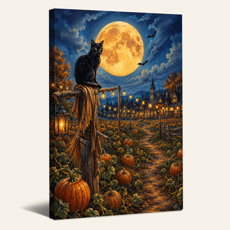 «Black Cat In Pumpkin Patch Under Full Moon Halloween», art mural sur toile, H 18 po x l 12 po