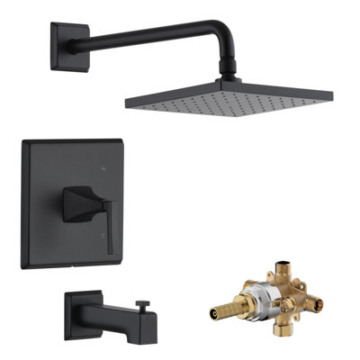 Système de douche de la collection Lotto: pomme de douche carrée de 8 po, ensemble de poignées simples, bec de baignoire et valve brute inclus - noir mat