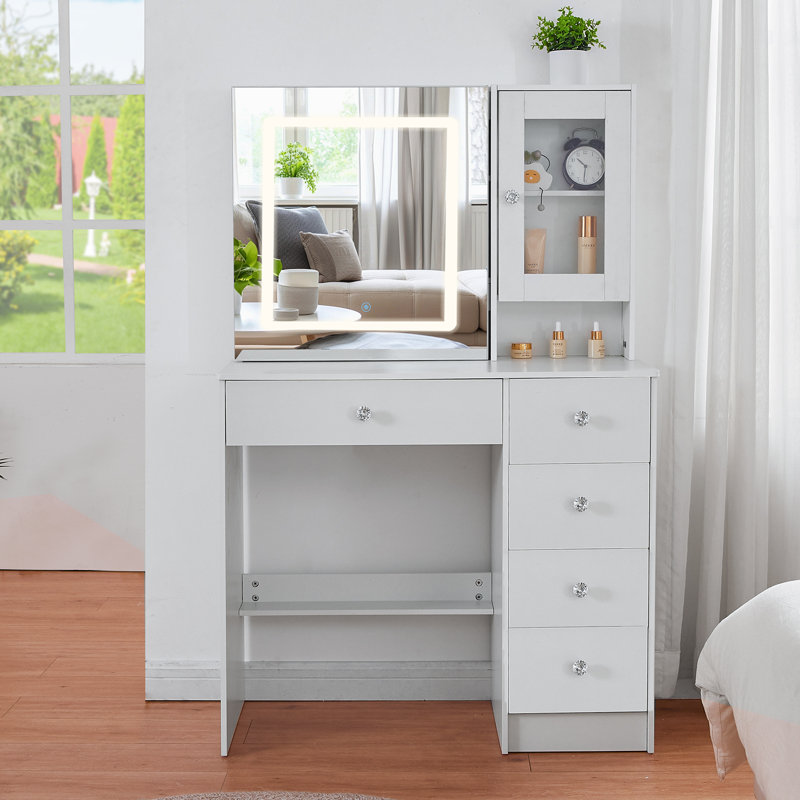 Petit meuble-lavabo avec miroir à DEL et 3 modes d'éclairage réglables, coiffeuse avec tiroirs de rangement, armoire pour chambre à coucher, blanc