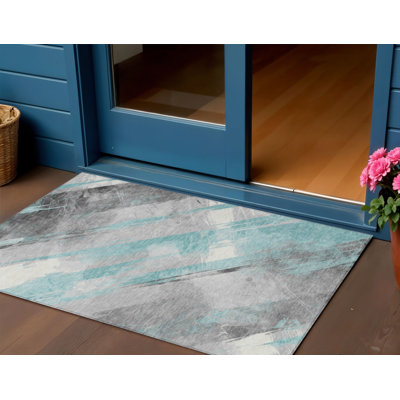 Tapis bleu sarcelle à rayures 3 pi x 5 pi bleu et gris