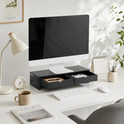Black Monitor Stand, Computer Stand & Laptop Riser, Monitor Riser Desk Organizer & Desktop Organizer with 2 Drawers