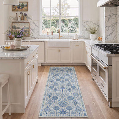 Tapis floral bleu / gris lavable à la machine avec envers antidérapant