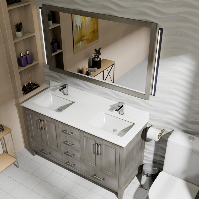 Jacques 60 in. W x 22 in. D Double Bath Vanity, Faucet Set and 58 in. Mirror, Distressed Gray, White Cultured Marble