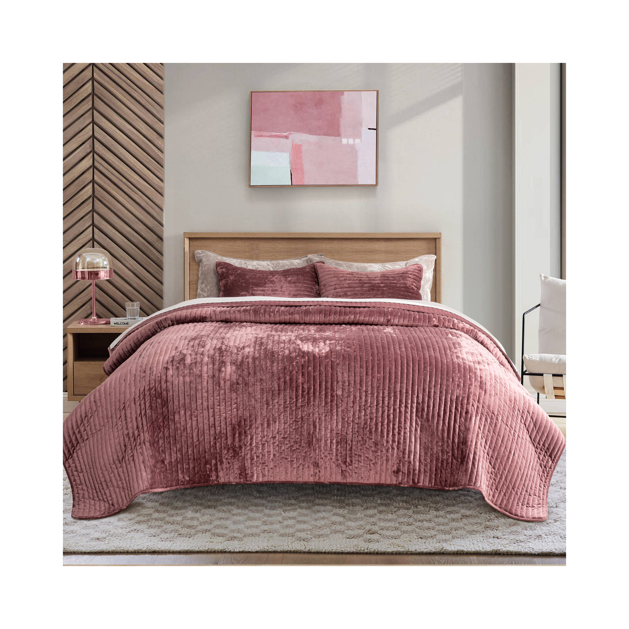 Luxe Velvet Channel Quilt Set, Burgundy, Queen