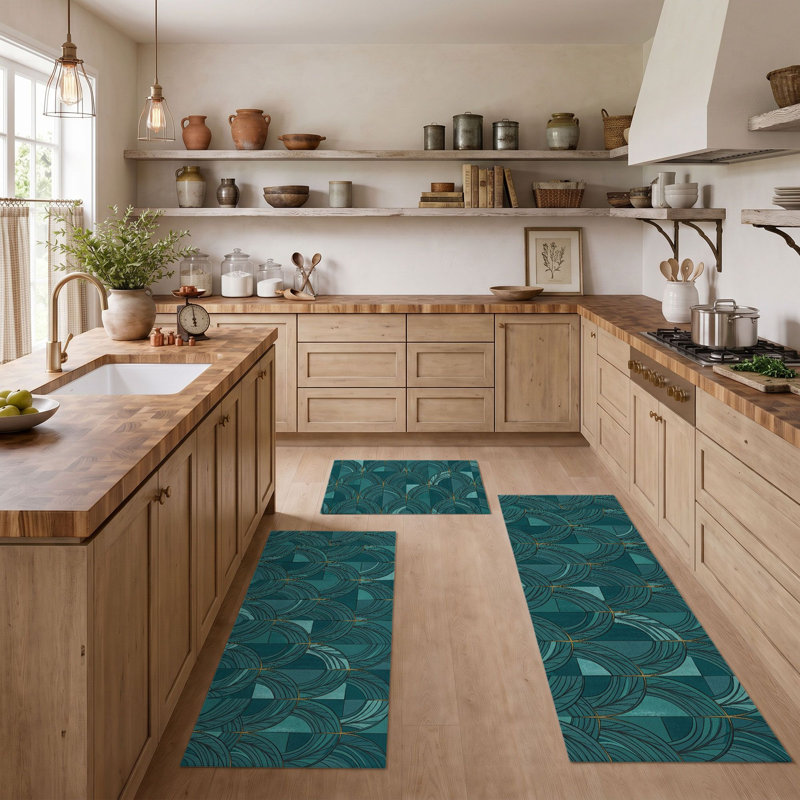Teal Geometric Non-Slip Washable Kitchen Mats