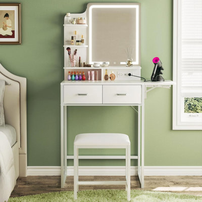 Small Makeup Vanity With Charging Station & Fabric Drawers Extendable Vanity Desk