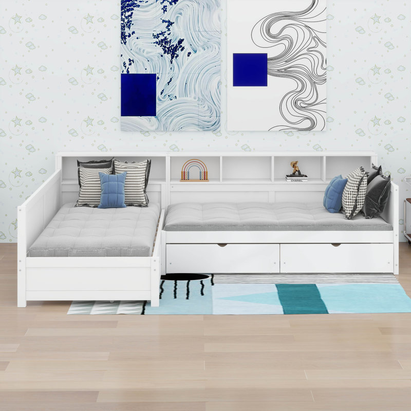 Lit de jour simple avec 3 tiroirs de rangement, structure de lit d'angle en bois en forme de L avec bibliothèque, Blanc