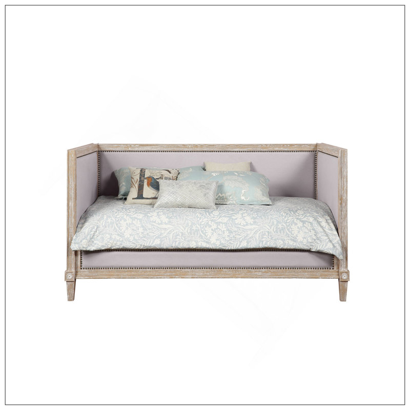 Lit de jour en lin beige et chêne vieilli avec abri haut et lit rembourré, idéal pour les chambres simples