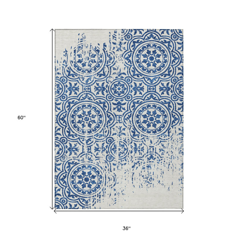 3' X 5' Navy Blue And Ivory Medallion Washable Indoor Outdoor Area Rug