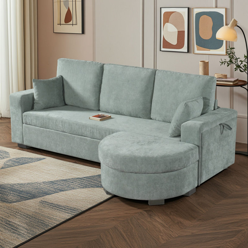 Canapé d'angle trois places avec pouf de rangement, port de chargement USB et porte-gobelets, Bleu vert
