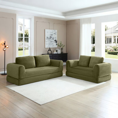 2-in-1 Folding Convertible Sofa Bed, Modern Corduroy Sleeper Couch with 2*pillows, Futon Modular Upholstered Boneless Sofa Set with Pull-Out Bed,Folding Floor Modular Couch for Living Room
