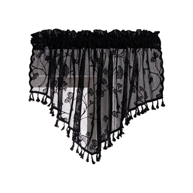 Cantonnière pour petits rideaux en dentelle avec pampilles kbndieu, Black