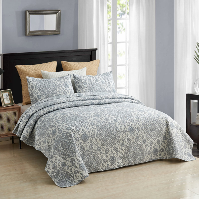  Ensemble de courtepointe en microfibre à motif floral gris / jaune 3 pièces, Floral 5