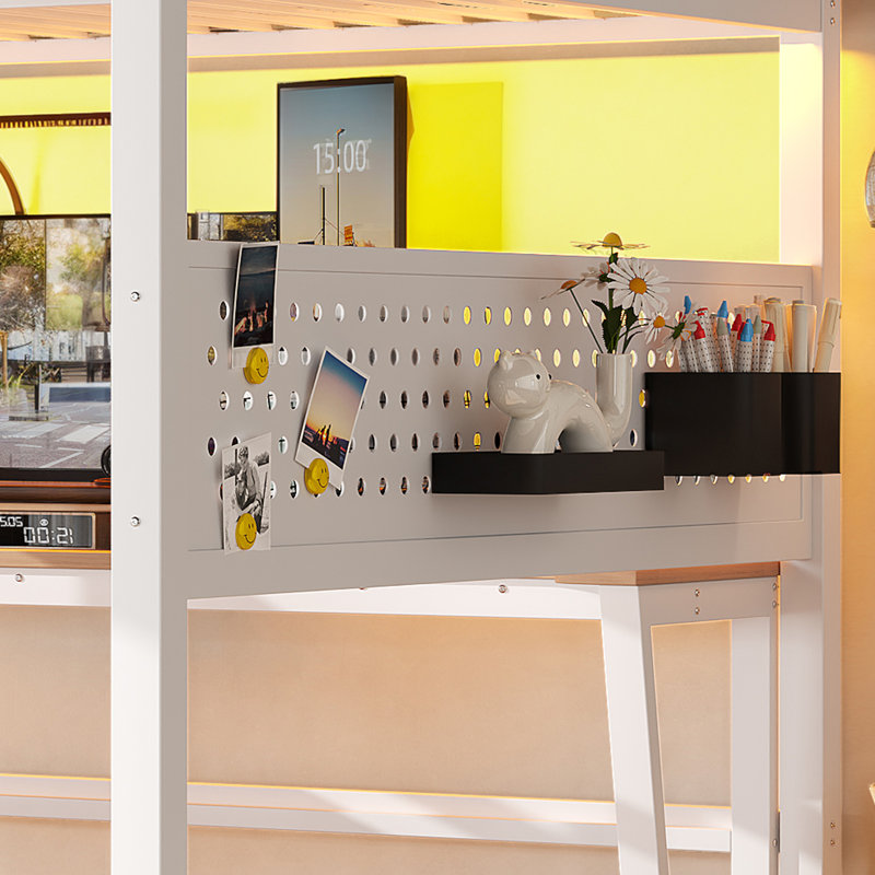 Grand lit mezzanine 3 tiroirs en métal avec bureau intégré, DEL et USB, White