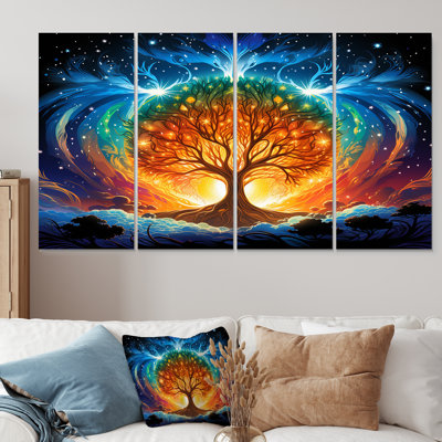 Arbre de vie bleu et orange - arbre, décoration murale 4 pièces