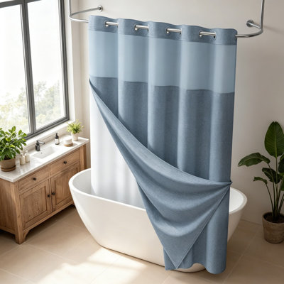 Ringless Shower Curtain Set, Linen Textured Fabric Shower Curtain With Snap-In Waterproof Liner, Double-Layer Protection, See-Through Mesh Top Window, Standard 72X75