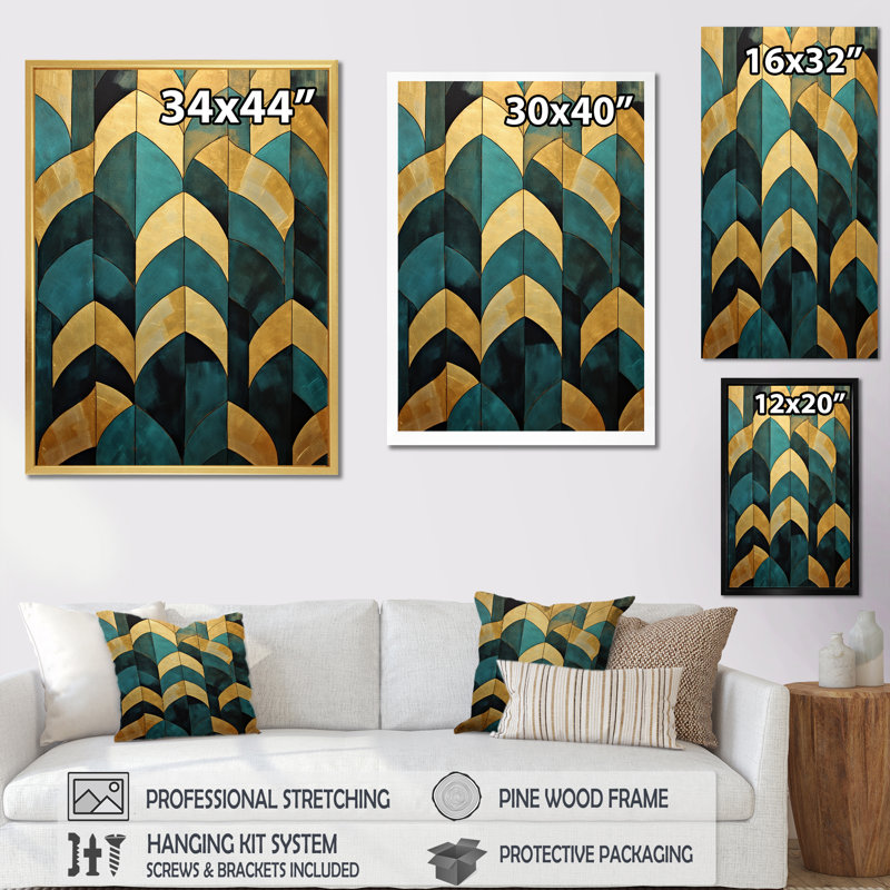 Émeraude et arches dorées V sur toile, Cadre simple noir, H 32 po x l 24 po x P 1 po