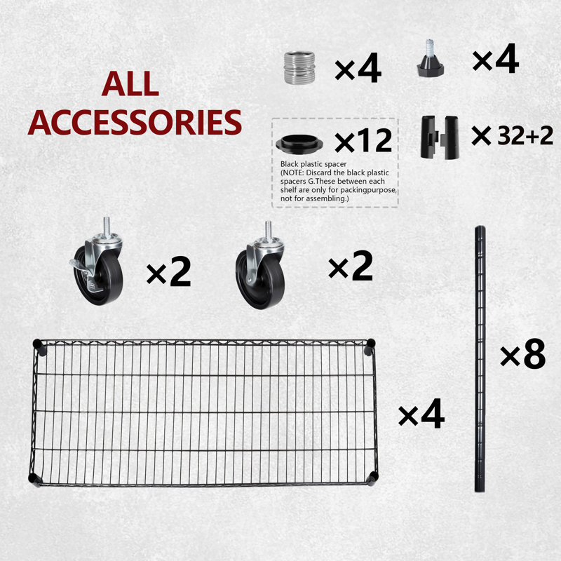 Tablettes de rangement robustes en acier noir foncé à 4 niveaux réglables et roulantes pour l'organisation du garage et de la maison, capacité totale de 2 400 lb
