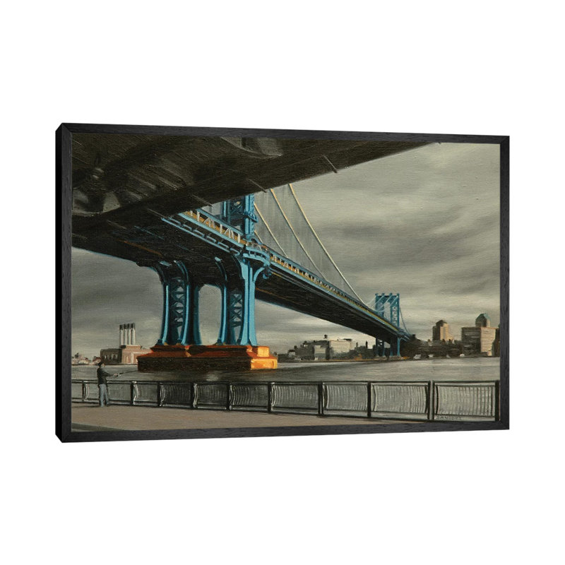Manhattan Bridge With Grey Skies by Nick Savides - Painting on Canvas, 66.04 cm H x 45.72 cm W, Black Framed