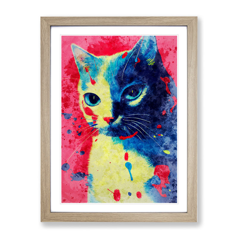 Catt Paint Splash No.3 - Wall Art, 48cm H x 36cm W, Oak Framed, White