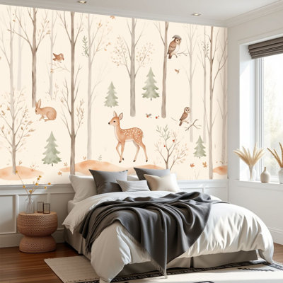 Papier peint à peler et coller, scène fantaisiste de forêt, cerfs, lapins, oiseaux, hiboux, peintures murales de style aquarelle douce, H 69 po x l 96 po, papier peint amovible en PVC, adhésif pour chambre à coucher, salon, bureau à domicile