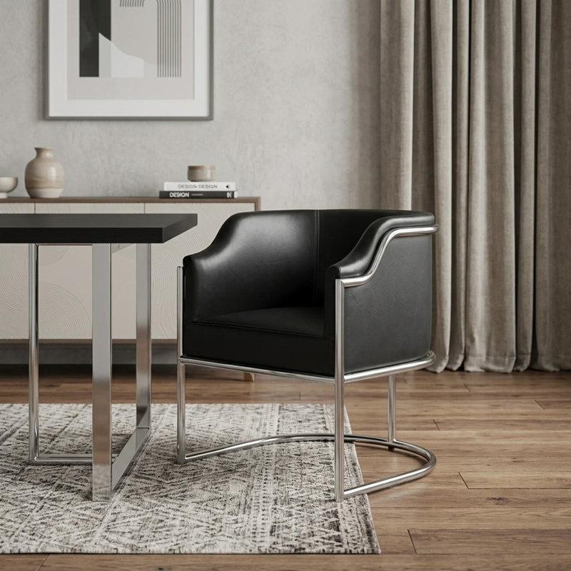 Chaise rembourrée en cuir anthracite et argent avec dossier courbé