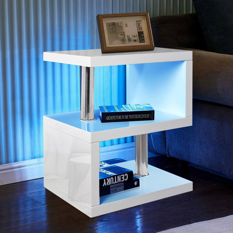 Antinique Led High Gloss 2 Tier Side Table with Storage Living Room, White