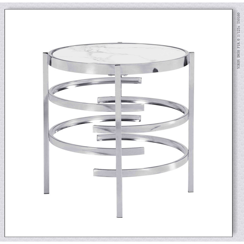 Table de bout ronde moderne avec plateau en pierre frittée, table de bout chromée / argentée