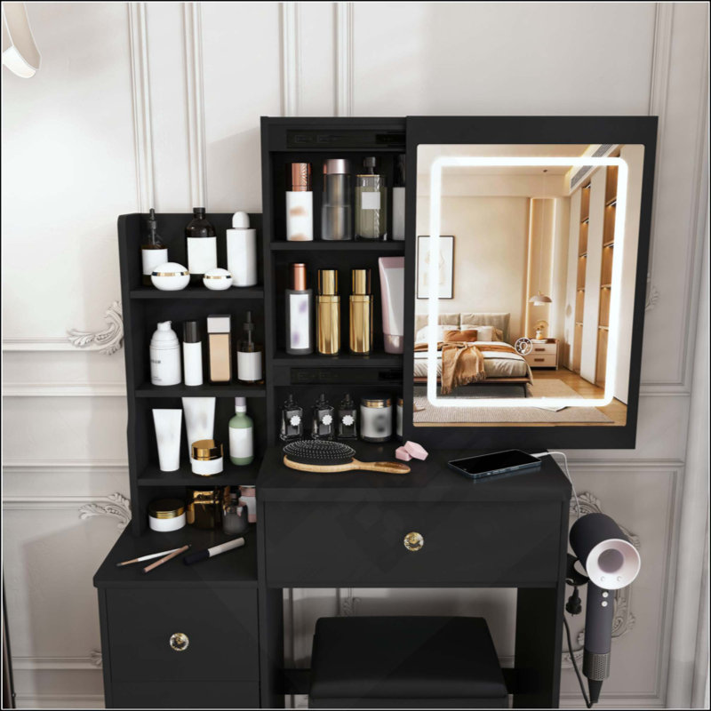 Modern Makeup Vanity Desk with 3-Color Adjustable LED Lighting, 4 Drawers & Open Storage, Vanity Set with Hair Dryer Holder, Power Outlet & Matching Dressing Chair
