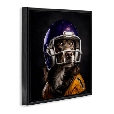 Dog with Football Helmet Framed Floater Canvas Wall Art by Sean Parnell