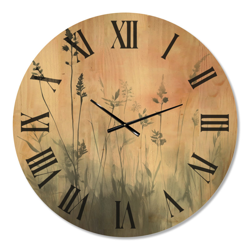 Horloge murale ronde grand format de style bohème, imprimée sur bois, motif prairie brumeuse, Extra Large