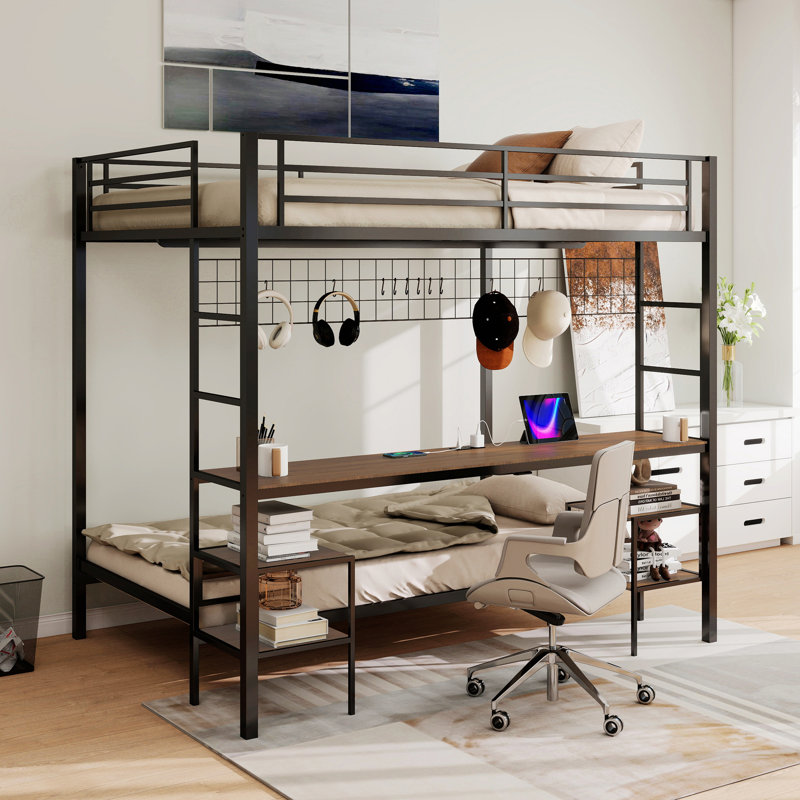 Lit superposé avec bureau, station de charge, tablettes de rangement et garde de sécurité, idéal pour les adolescents et les adultes