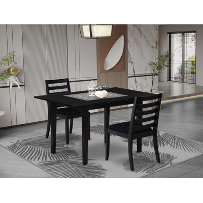 3 Piece Dining Set Includes a Rectangle Kitchen Table with Black Tabletop and 2 Stackable Polyester Fabric Chairs, Black