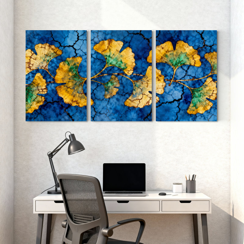 Motif de feuille de ginkgo sur fond bleu craquelé, reproduction d'art sur toile (ensemble de 3), H 36 po x l 72 po