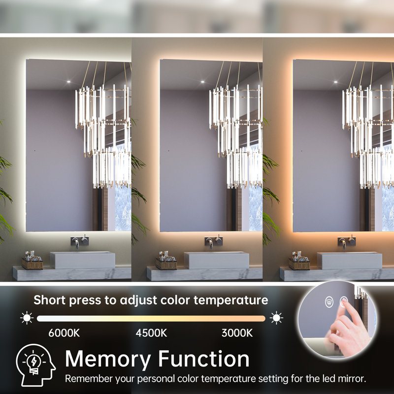 Chrisna LED Backlit Frameless Lighted Bathroom Vanity Mirror Wall Mirror 3 Color Adjust Dimmable Anti Fog, 36" x 48"