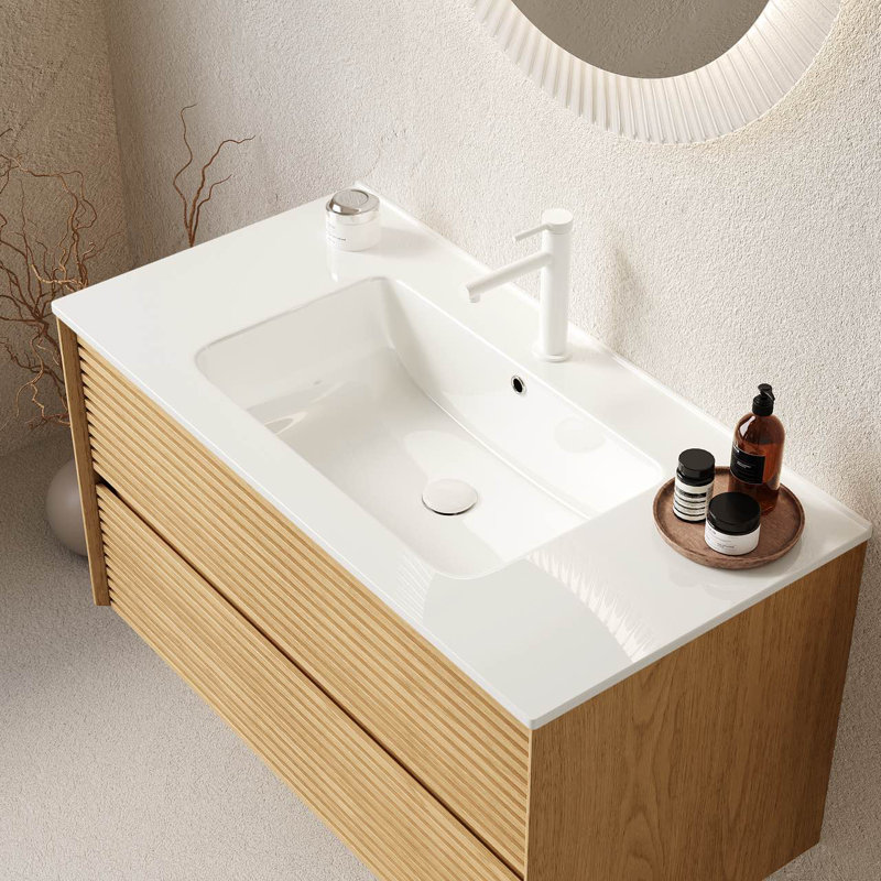 Meuble-lavabo mural simple en noyer clair avec lavabo 39,37 po.