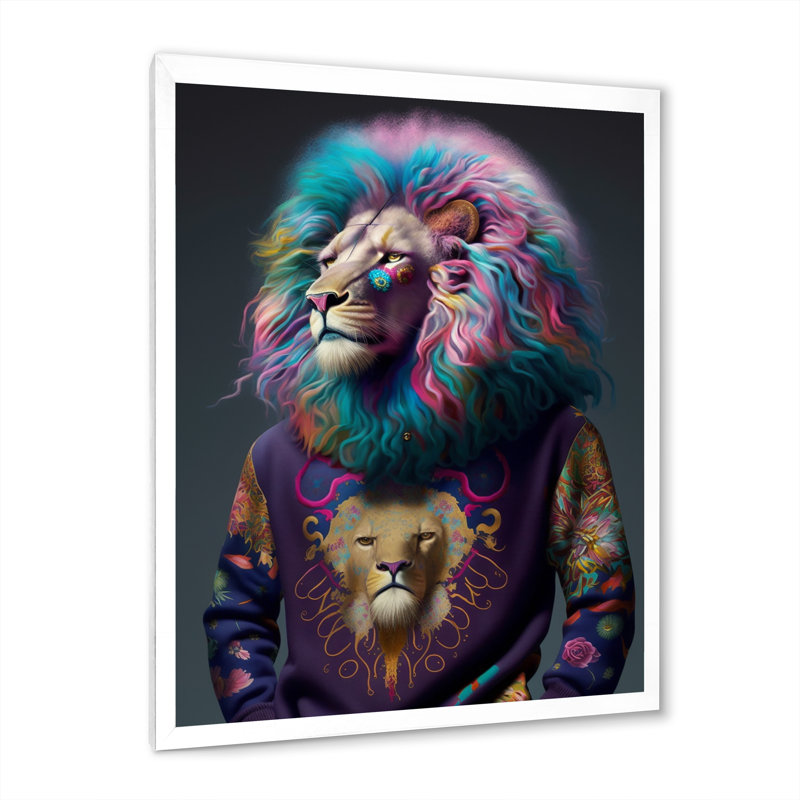 Lion frais avec un chandail flamboyant, H 32 po x l 24 po x P 1 po, Cadre simple blanc