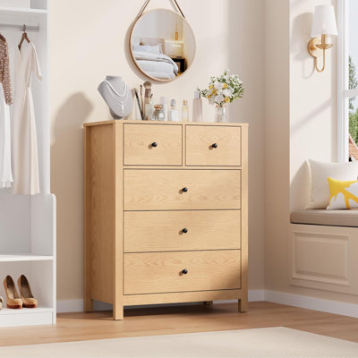 Dresser for Bedroom, Tall 5 Drawer Dresser with Deep Drawers & Metal Knobs, Modern Wooden Double Chests of Drawers for Kids Bedroom, Entryway, Hallway
