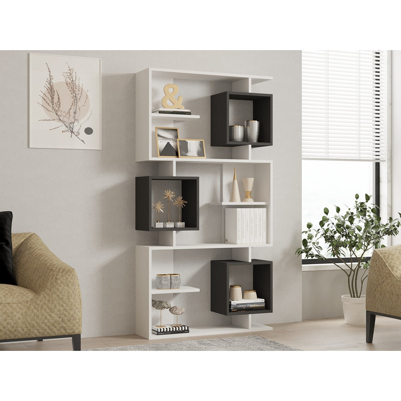 Bibliothèque moderne blanc et anthracite, 35,4 x 67,6 x 9,7 pouces | 100% panneau de particules enduit de mélamine, épaisseur: 0,7 pouce | Solution de rangement élégante pour le bureau à domicile, le salon et les espaces d'étude, conception durable et élégante